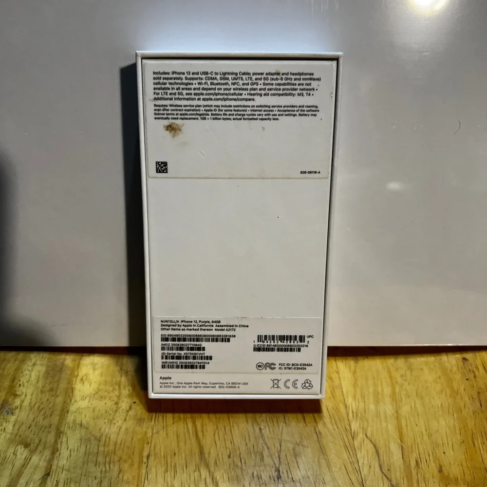 Apple 64GB iPhone 12 Box Only Purple A2172 MJN13LL/A Packaging